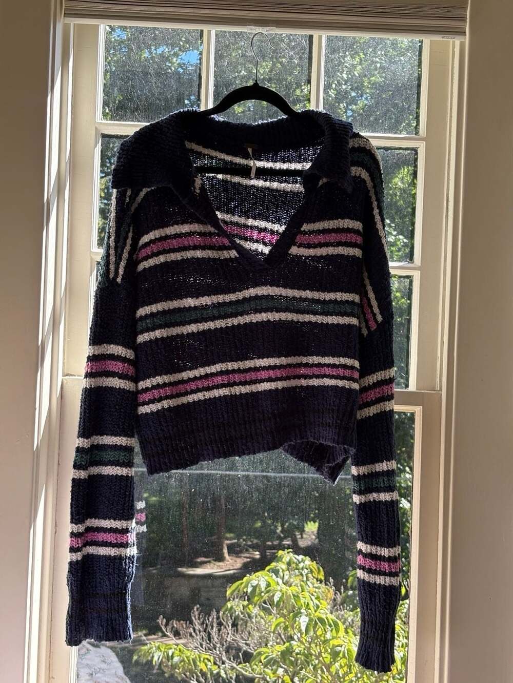 Free People Striped Polo Sweater Size M Navy Pink Green Chunky Knit